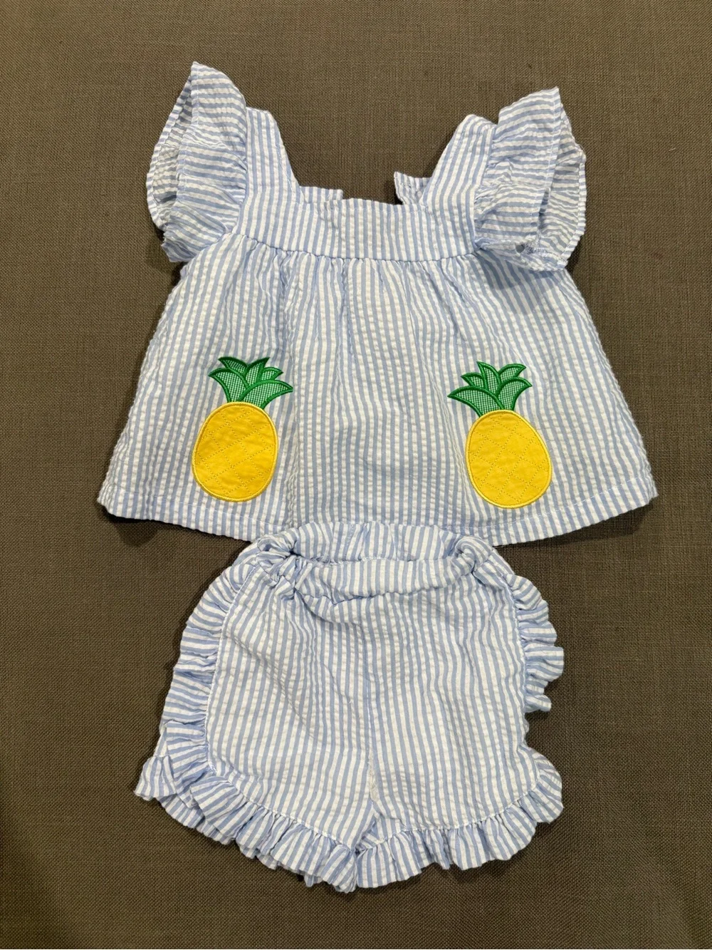Blue Striped Seersucker Pineapple Top & Bloomers Set